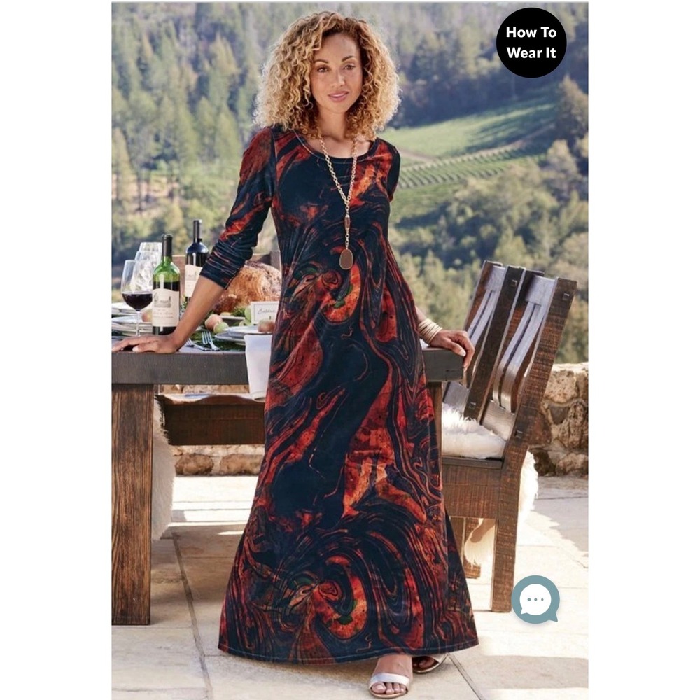 Soft Surroundings Santiago Womens Velvet Maxi Dress Marble Swirl Print Pockets L